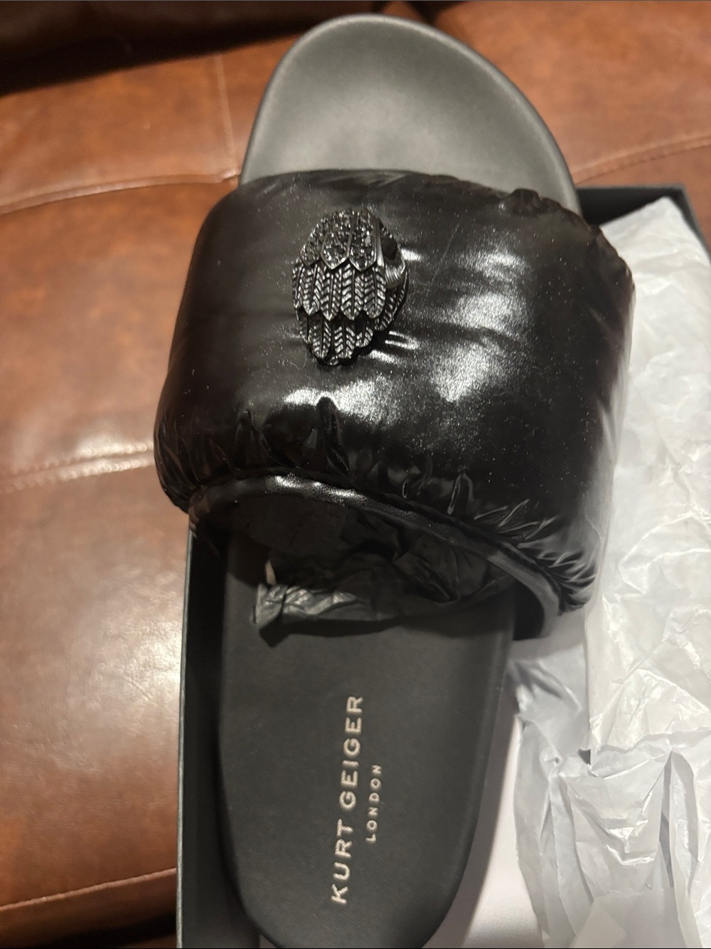 Kurt Geiger Black Padded Slide Sandals with Decorative Metal Crest